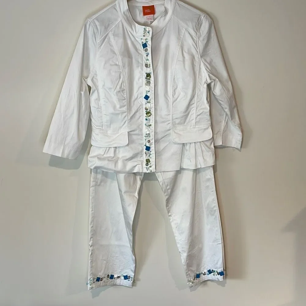 Hearts of Palm Women’s Set 2 Pc Beaded Pant Suit White‎ Size 10